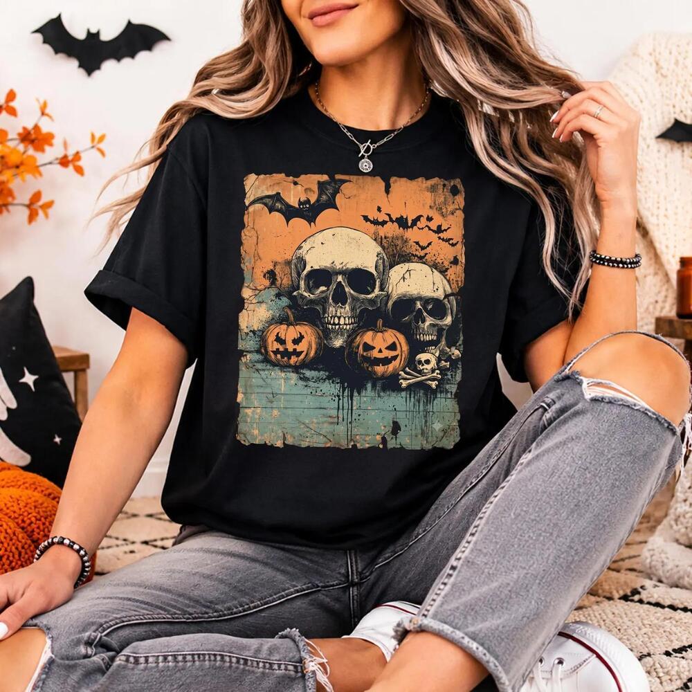 Spooky Halloween Shirt - Skull & Pumpkins Skull Pumpkin Cotton Tee